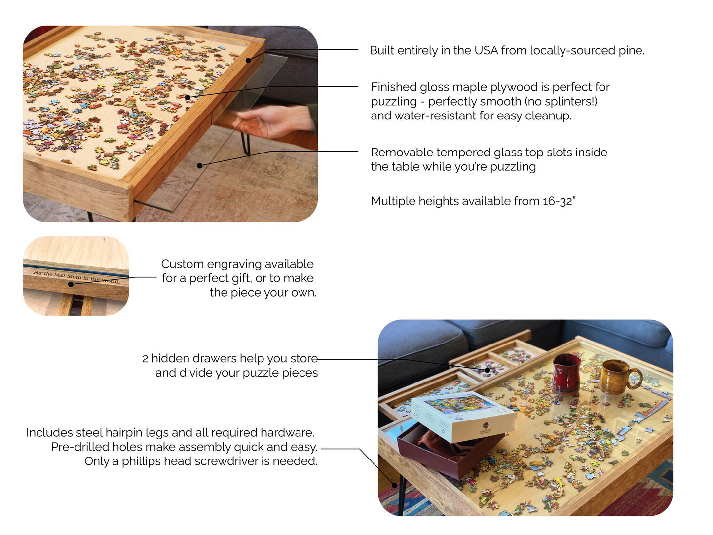 Rustic Puzzle Coffee Table with removable glass top - includes 2 hidden drawers - 24x36"