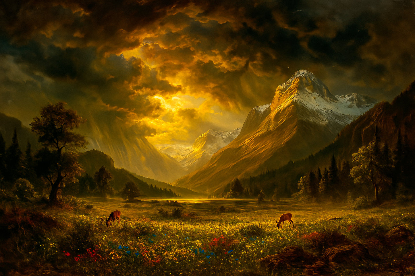 Western landscape painting of a spring storm at dusk over a lush alpine meadow in the Sierra Nevada, with snow-capped mountains, wildflowers, and wildlife in the style of Albert Bierstadt.