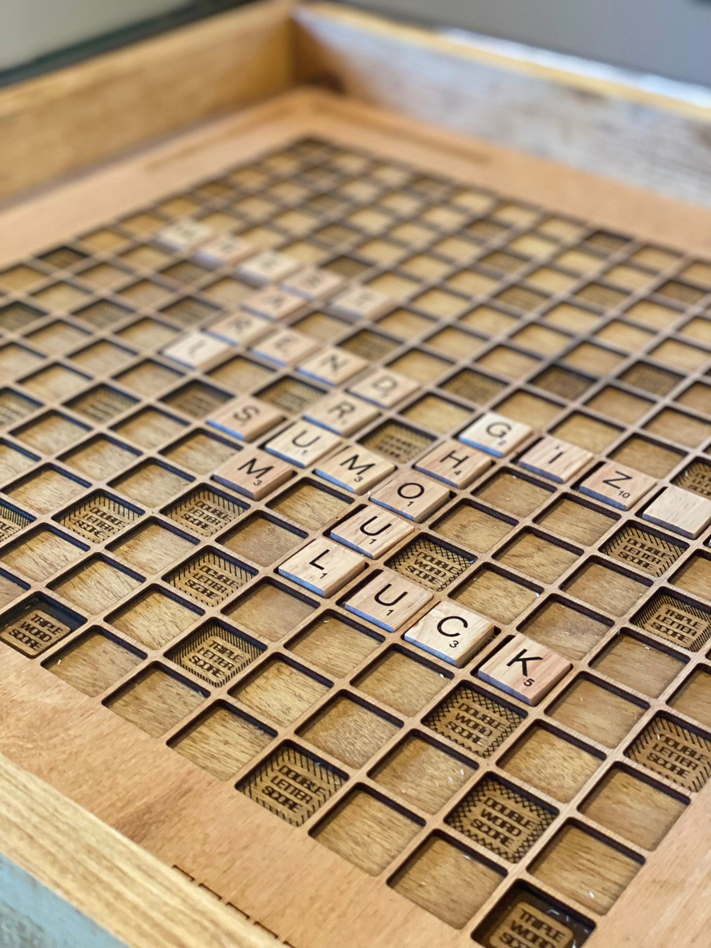 Rustic Wooden Scrabble Board with Rotating Lazy Susan - letter tiles and tile holders included. 100% Made in the USA