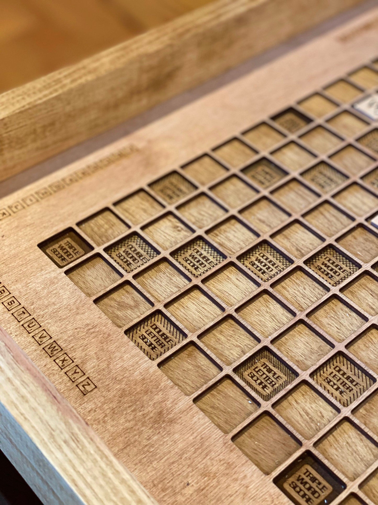 Rustic Wooden Scrabble Board with Rotating Lazy Susan - letter tiles and tile holders included. 100% Made in the USA