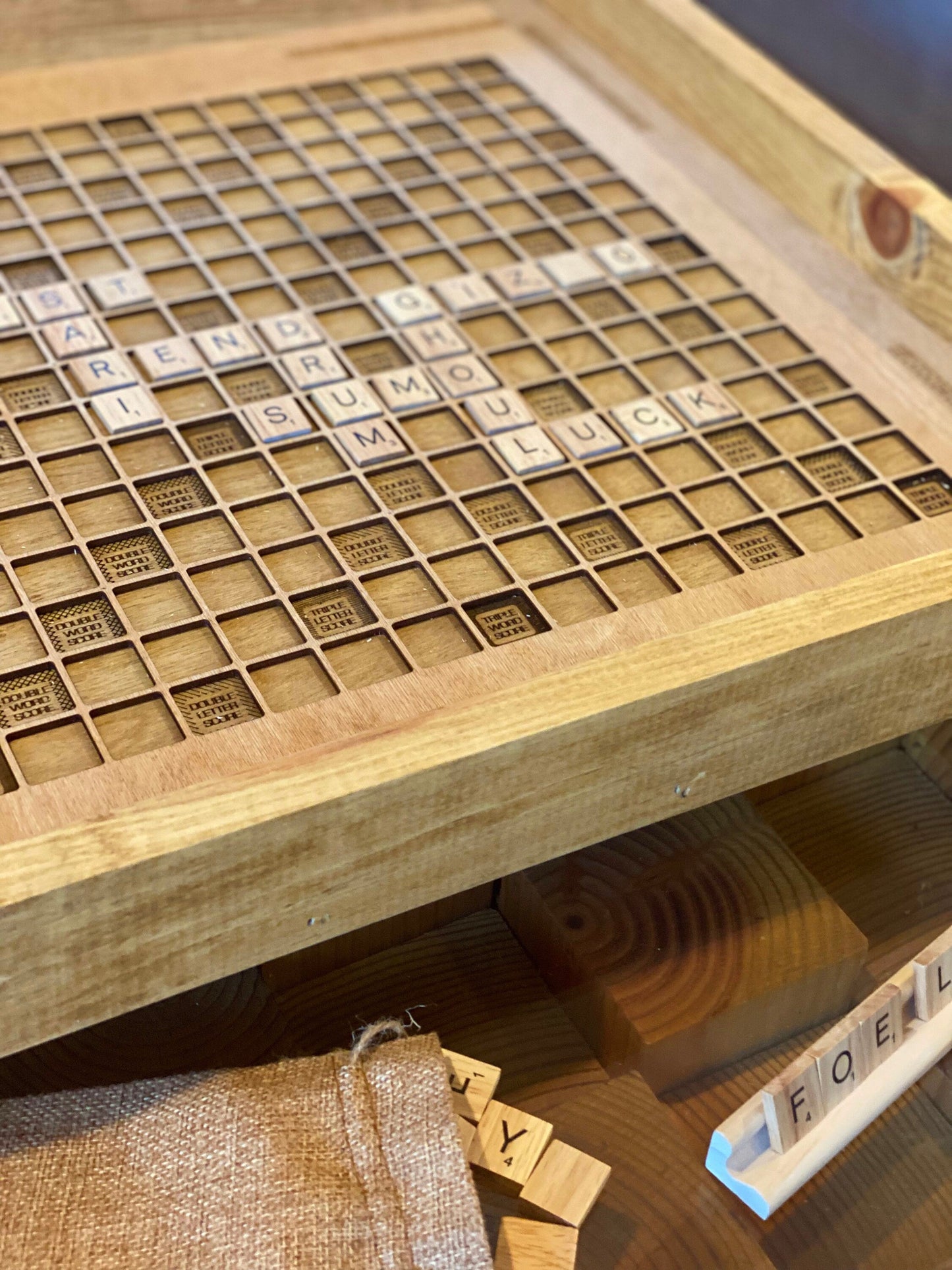 Rustic Wooden Scrabble Board with Rotating Lazy Susan - letter tiles and tile holders included. 100% Made in the USA