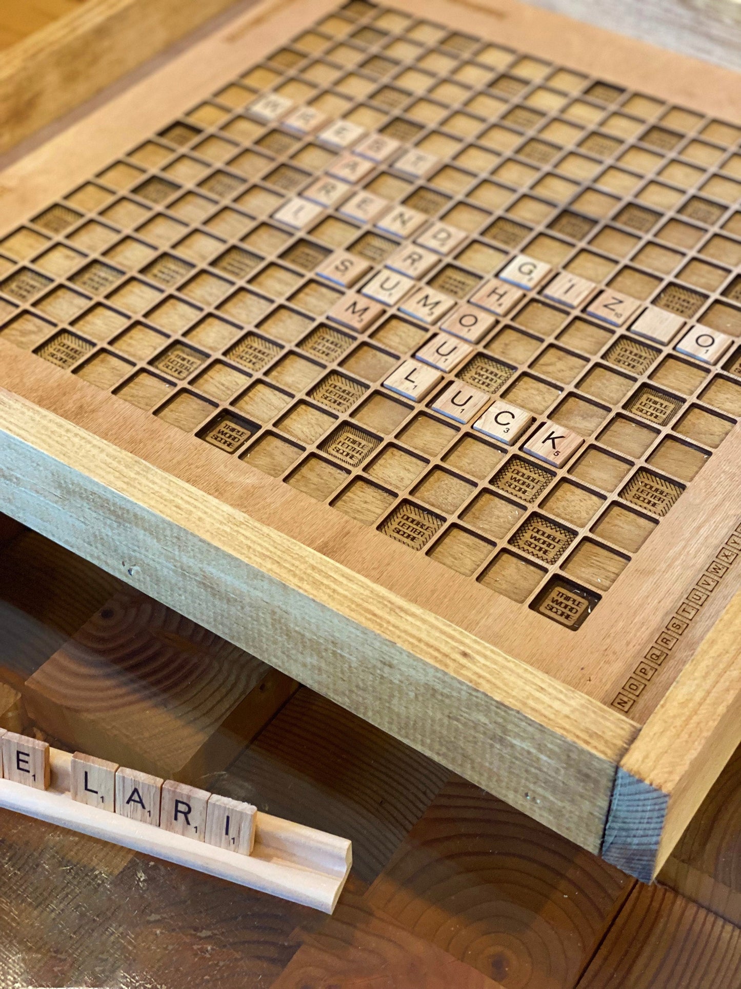 Rustic Wooden Scrabble Board with Rotating Lazy Susan - letter tiles and tile holders included. 100% Made in the USA