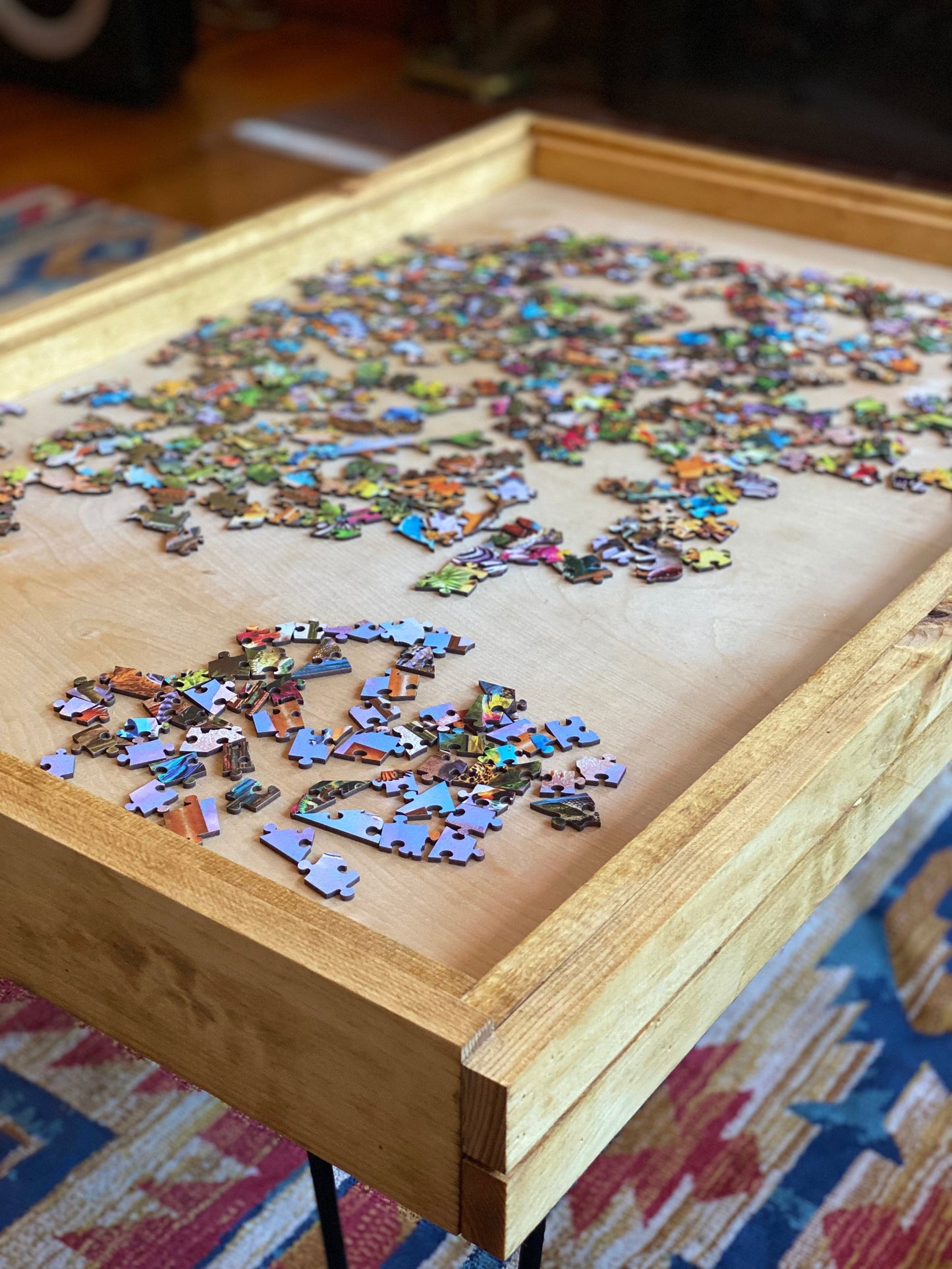 Rustic Puzzle Coffee Table with removable glass top - includes 2 hidden drawers - 24x36"