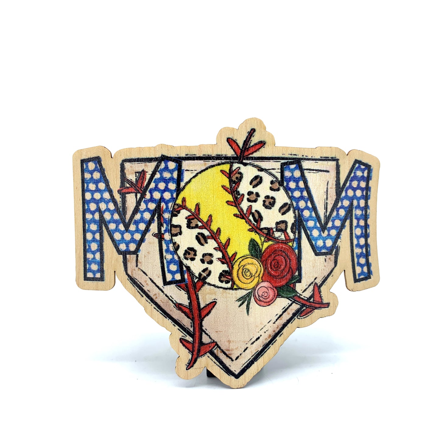 Softball Mom with Leopard Ball Wood Sticker