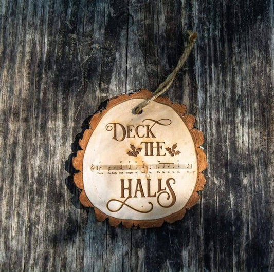 Wimberley Puzzle Company Ornament Deck the Halls Sheet Music Rustic Live Edge Wood Slice Christmas Ornament