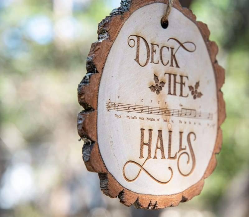 Wimberley Puzzle Company Ornament Deck the Halls Sheet Music Rustic Live Edge Wood Slice Christmas Ornament