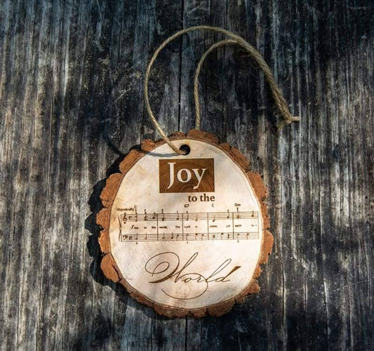 Joy to the World Sheet Music Rustic Live Edge Wood Slice Christmas Ornament | Wimberley Puzzle Company