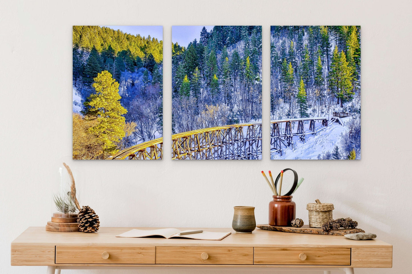 Wimberley Puzzle Company Posters, Prints, & Visual Artwork 16x24" Triptych Cloudcroft Train Trestle in Winter, New Mexico Wooden Print Wall Art