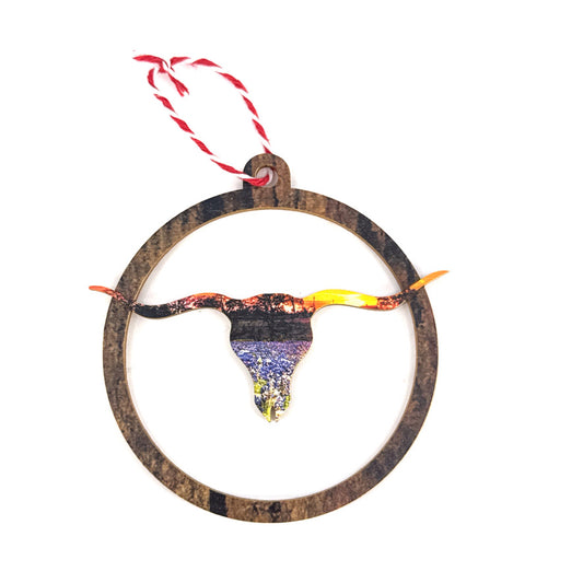 Texas Longhorn Bluebonnet Sunset Ornament | StoryTidings Texas Christmas Ornament Ornament