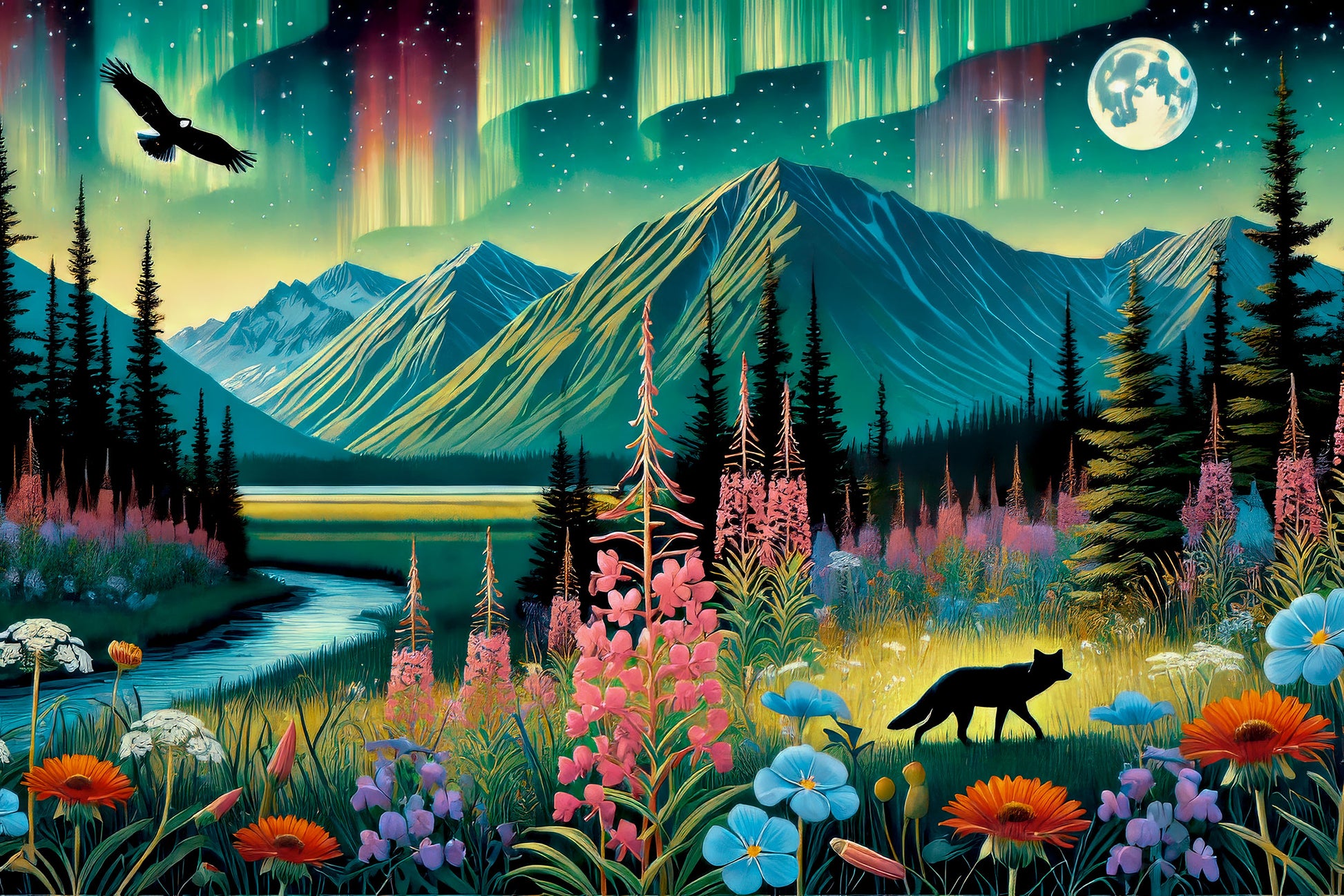 A wooden jigsaw puzzle featuring Lake Clark National Park Alaska. This stunning 1000-piece puzzle captures the vibrant greens, pinks, and purples of the aurora borealis as it dances across the night sky over Lake Clark National Park & Preserve. The intricate illustration features a silhouette of rugged mountain peaks and dense forests, complemented by a colorful meadow filled with wildflowers like fireweed and lupine. A small stream winds through the meadow, reflecting the natural beauty and serenity