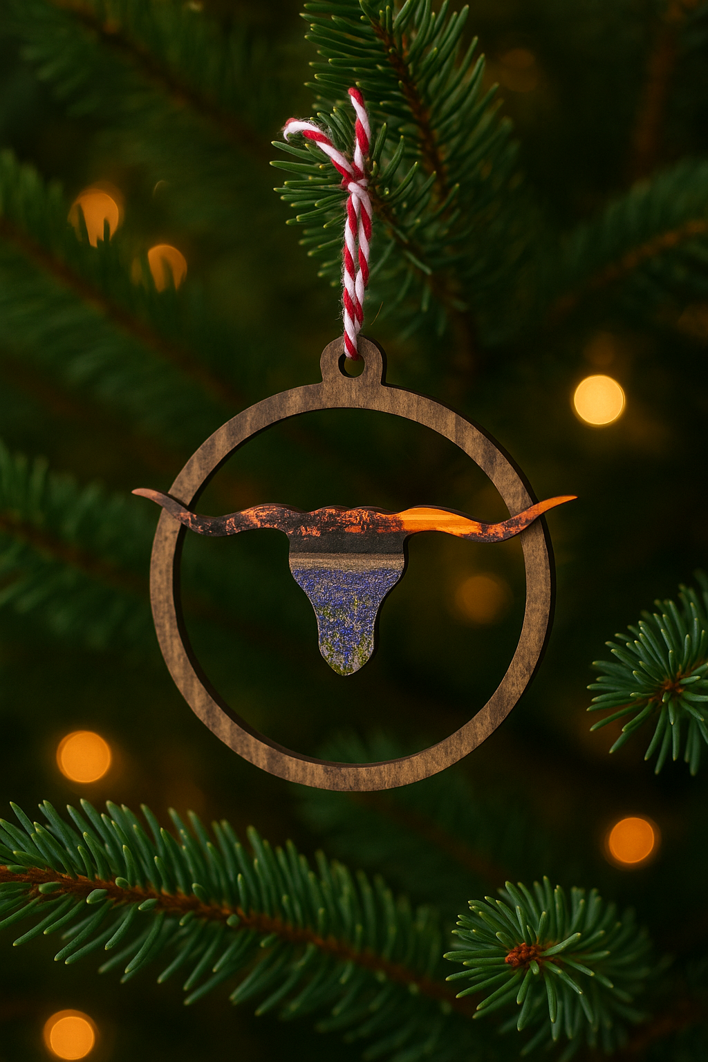 Texas Longhorn Bluebonnet Sunset Ornament | StoryTidings Texas Christmas Ornament Ornament