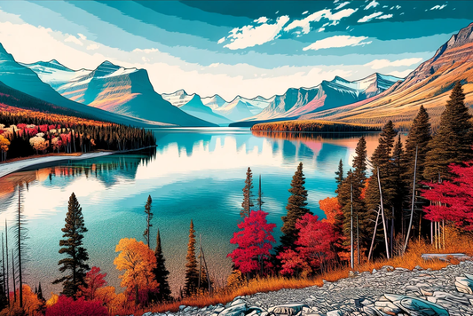 Illustrated rendition of Lake McDonald at Glacier National Park displaying fall colors and a beautiful blue lake. 