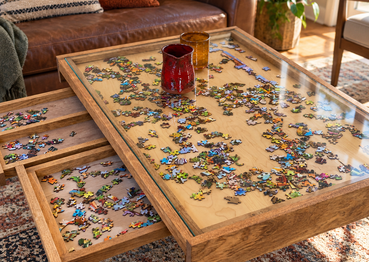 Rustic Puzzle Coffee Table with removable glass top - includes 2 hidden drawers - 24x36"