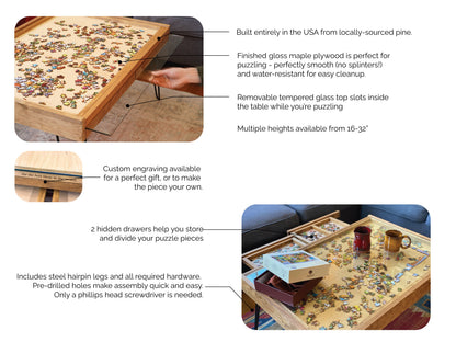 Rustic Puzzle Coffee Table with removable glass top - includes 2 hidden drawers - 24x36"