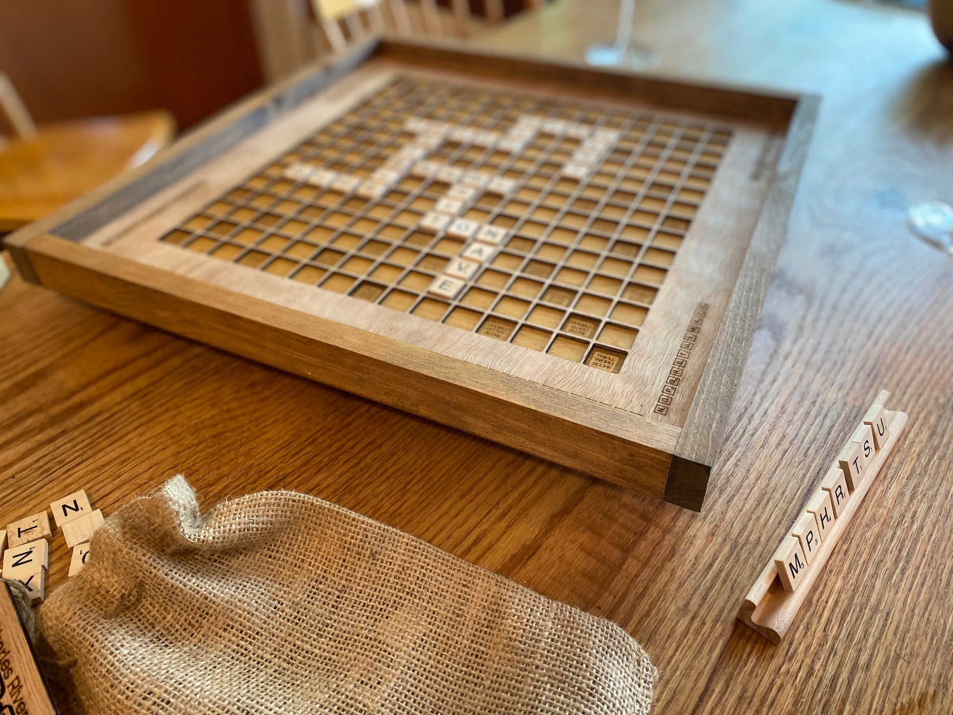 Rustic Wooden Scrabble Board with Rotating Lazy Susan - letter tiles and tile holders included. 100% Made in the USA - No thanks! Rustic Wooden Scrabble Board with Rotating Lazy Susan - letter tiles and tile holders included. 100% Made in the USA - No thanks!