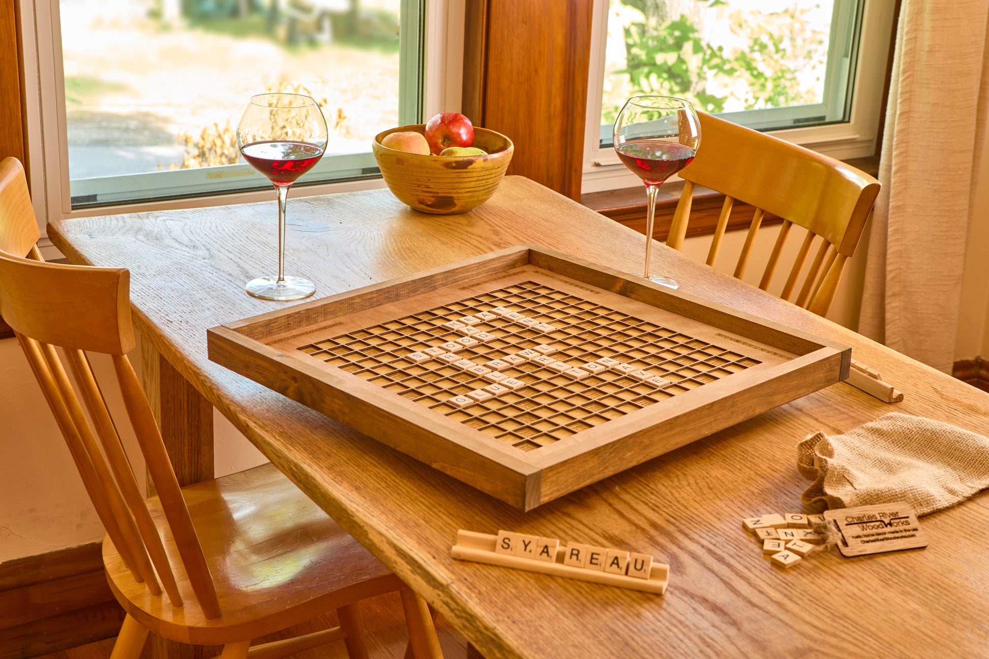 Rustic Wooden Scrabble Board with Rotating Lazy Susan - letter tiles and tile holders included. 100% Made in the USA - No thanks! Rustic Wooden Scrabble Board with Rotating Lazy Susan - letter tiles and tile holders included. 100% Made in the USA - No thanks!