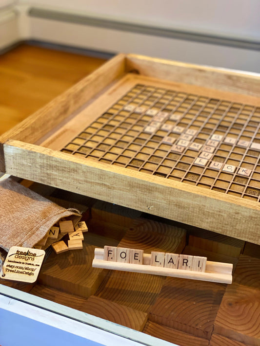 Rustic Wooden Scrabble Board with Rotating Lazy Susan - letter tiles and tile holders included. 100% Made in the USA