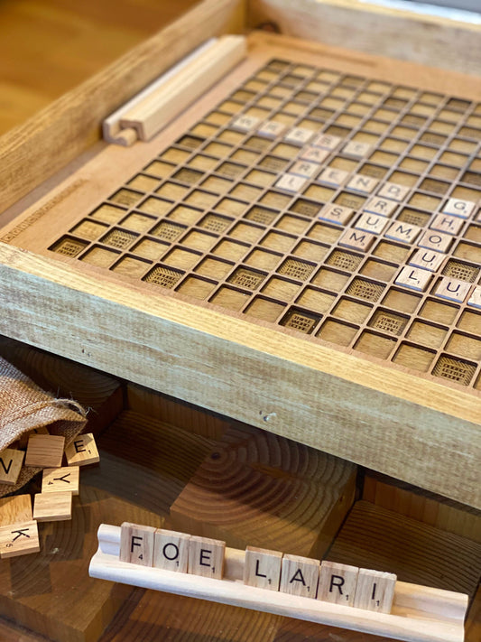 Rustic Wooden Scrabble Board with Rotating Lazy Susan - letter tiles and tile holders included. 100% Made in the USA