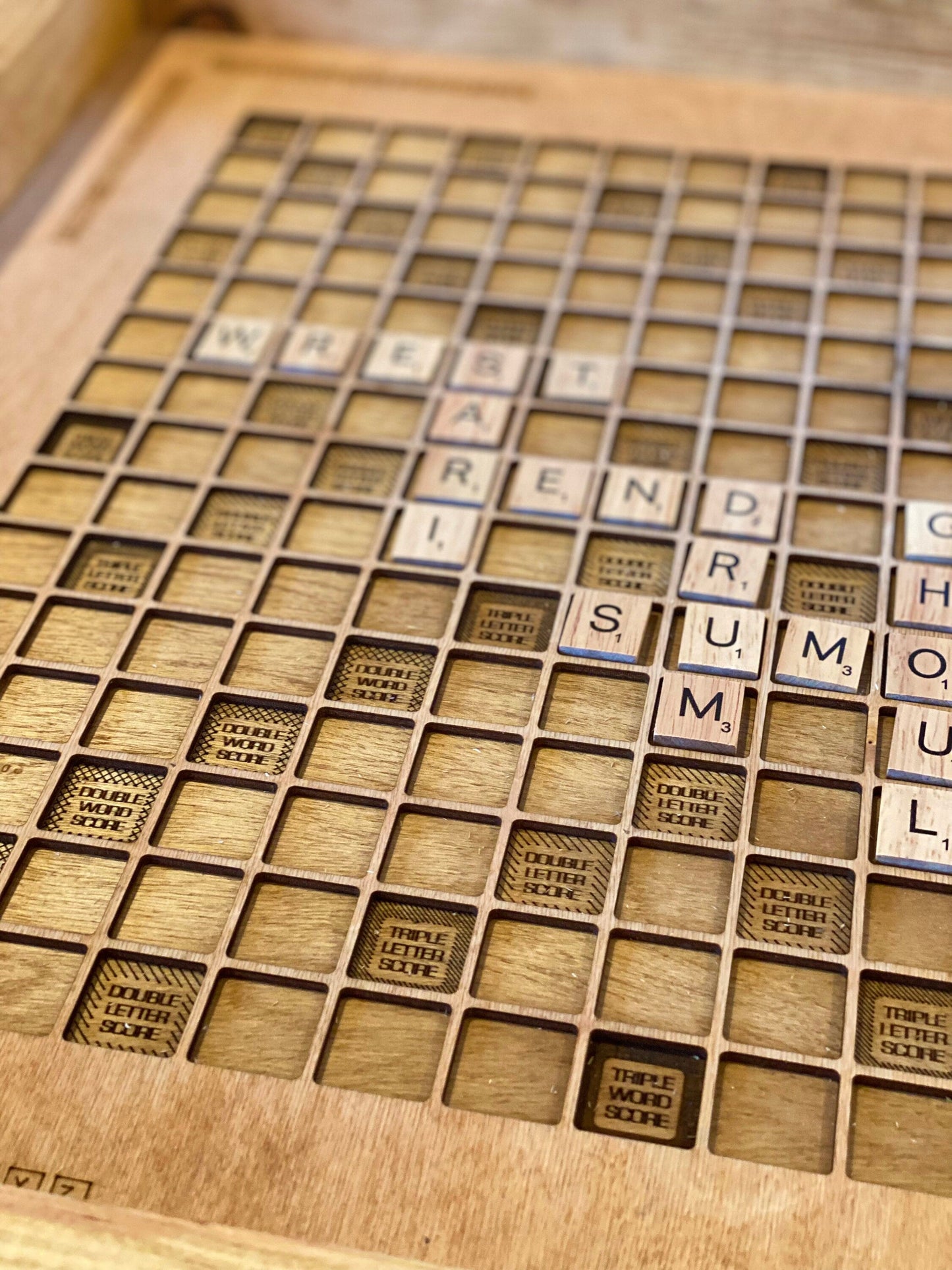Rustic Wooden Scrabble Board with Rotating Lazy Susan - letter tiles and tile holders included. 100% Made in the USA