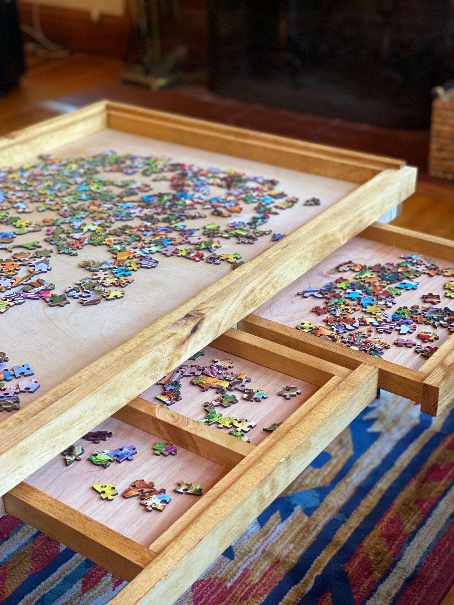 Rustic Puzzle Coffee Table with removable glass top - includes 2 hidden drawers - 24x36"