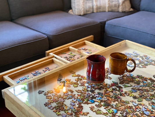 Rustic Puzzle Coffee Table with removable glass top - includes 2 hidden drawers - 24x36"