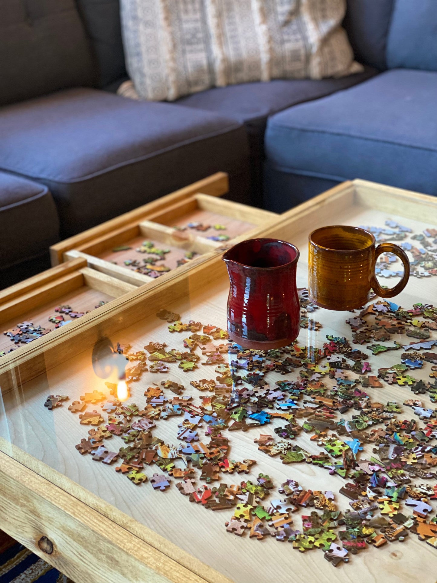 Rustic Puzzle Coffee Table with removable glass top - includes 2 hidden drawers - 24x36"