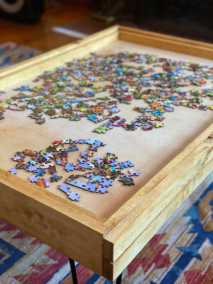 Rustic Puzzle Coffee Table with removable glass top - includes 2 hidden drawers - 24x36"