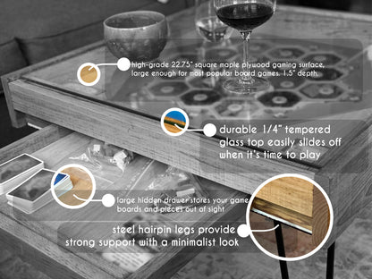 Rustic BYO Board Game Table with Removable Tempered Glass Top and Hidden Storage Drawer