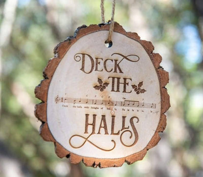Wimberley Puzzle Company Ornament Deck the Halls Sheet Music Rustic Live Edge Wood Slice Christmas Ornament