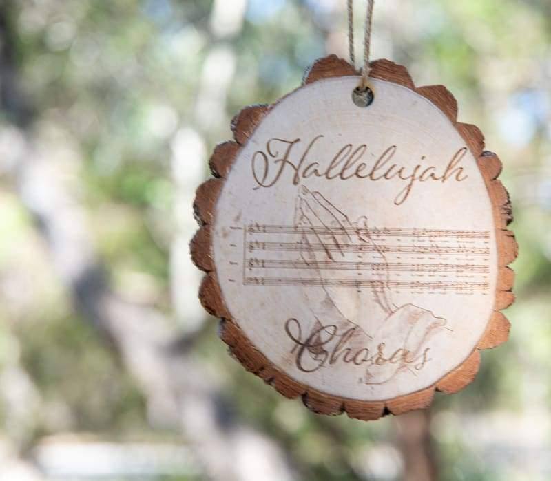 Hallelujah Chorus Sheet Music Rustic Live Edge Wood Slice Christmas Ornament | Wimberley Puzzle Company
