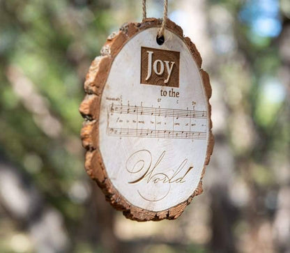 Joy to the World Sheet Music Rustic Live Edge Wood Slice Christmas Ornament | Wimberley Puzzle Company