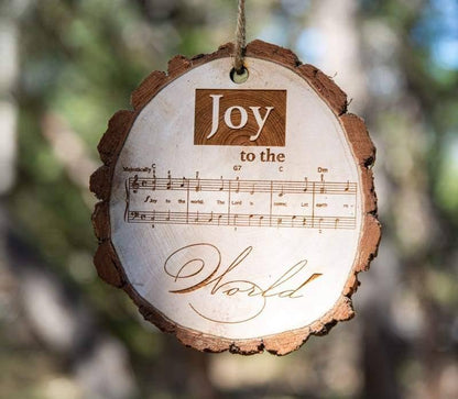 Wimberley Puzzle Company Ornament Joy to the World Sheet Music Rustic Live Edge Wood Slice Christmas Ornament