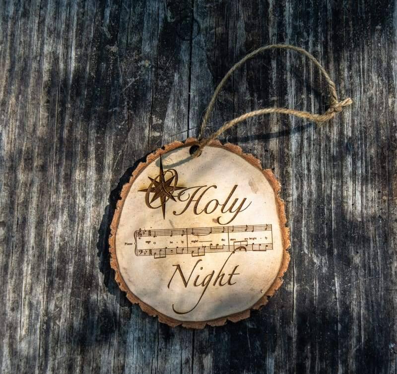 Wimberley Puzzle Company Ornament O Holy Night Sheet Music Rustic Live Edge Wood Slice Christmas Ornament