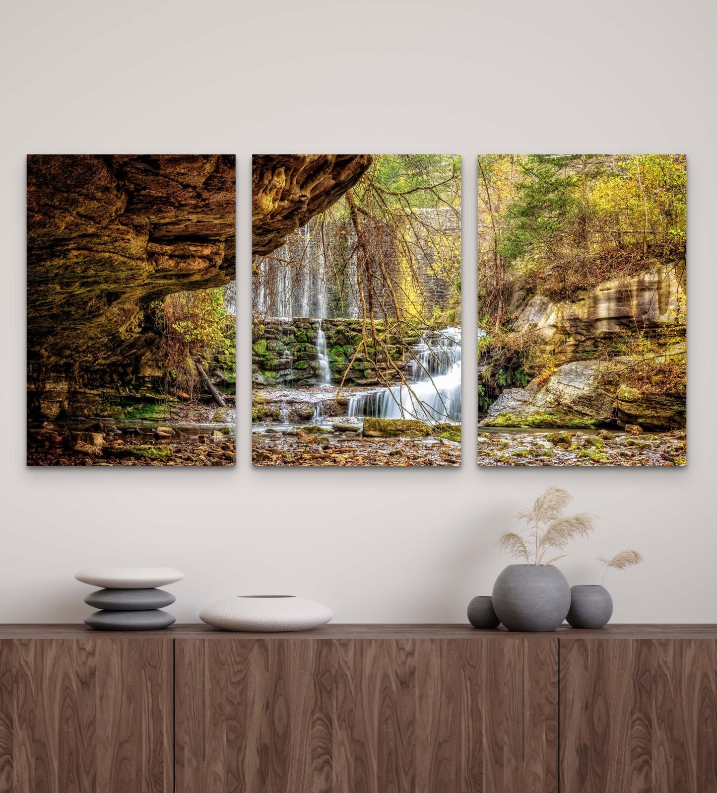 Wimberley Puzzle Company Posters, Prints, & Visual Artwork 16x24" Triptych Mirror Lake Waterfall, Wooden Art Prints